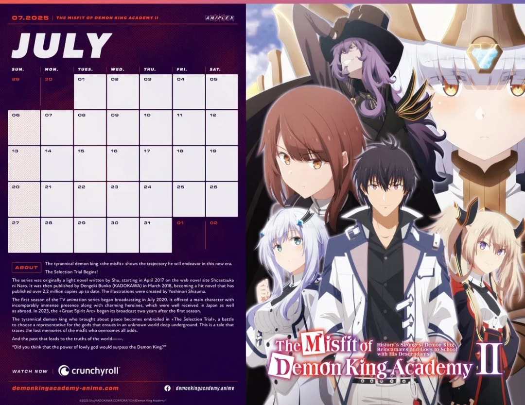 Celebrate July with The Misfit of Demon King Academy II on Aniplex Calendar