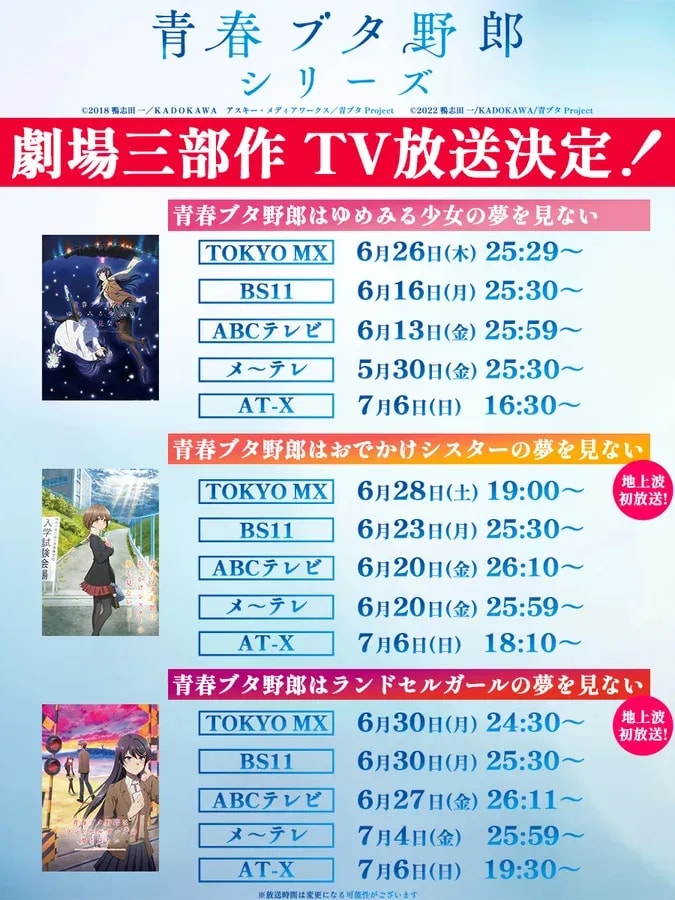 Seishun Buta Yarou Series: TV Broadcast of Past Works Ahead of New Release!